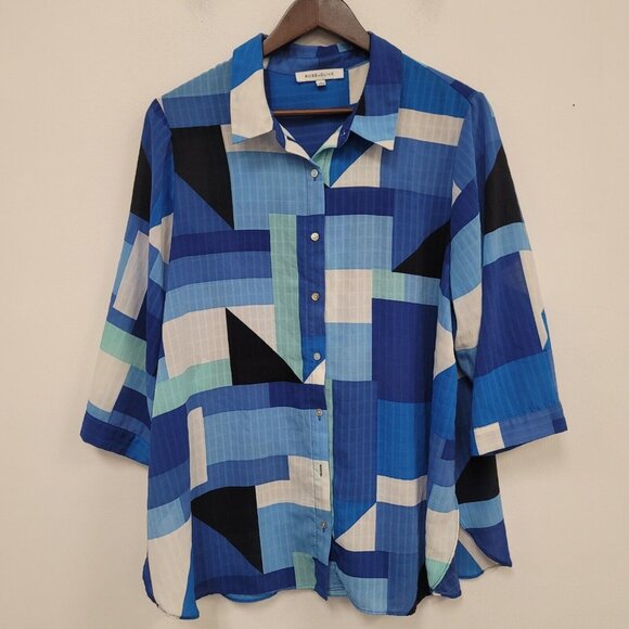 Rose & Olive Tops - Rose+Olive Womens Artsy Geometric Sheer Button Up Top Size 1X Blue Office Career